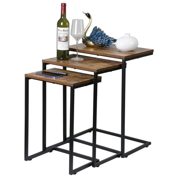 LLToo Nesting Table Set of 3 End Coffee Table for Living Room with Metal Frame Wooden