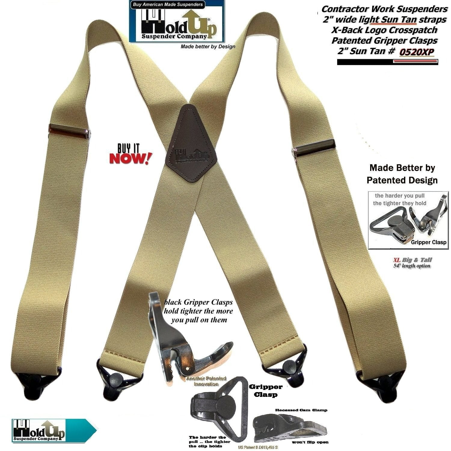HoldUp Brand 2' Wide Heavy Duty Tan Color Suspenders with black patented black Gripper Clasps
