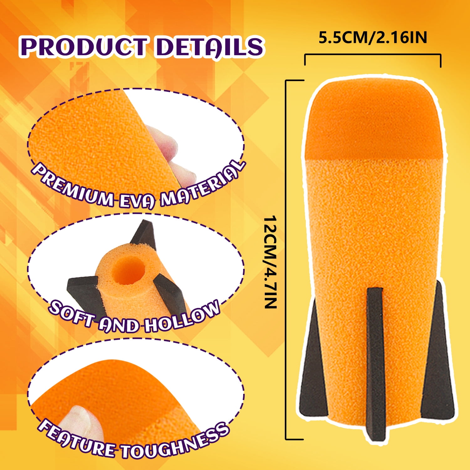 BOROLA 3 Pcs Missile Filled Foam Rocket Launcher, Compatible For Nerf N-Strike Elite series(Orange)