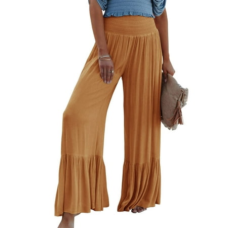 

Women s Wide Leg Palazzo Lounge Pants Elastic Waist Ruffle Flowy Trousers Solid Loose Comfy Casual Pajama Bottoms