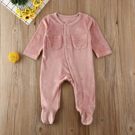 Newborn Unisex Baby Footed Pajamas Flannel Solid Long Sleeve Button ...