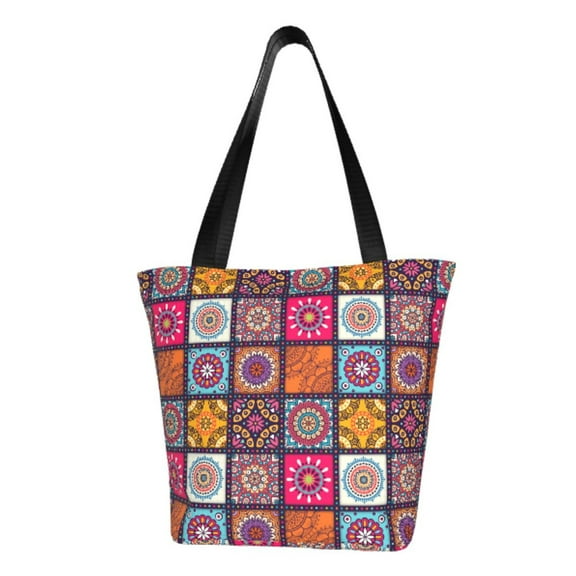 TEQUAN Reusable Shoulder Tote Bags, Bohemian Mandala Paisley Prints Polyester Casual Shopping Grocery Bag for Women
