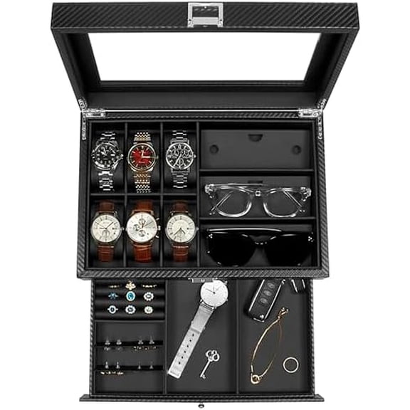 Watch box, 6 Slot Watch Case, 3 Slot Sunglass Organizer, Watch Cases for men with Real Glass Lid, Watch Organizer storage with Jewelry Case, Birthday for Men and Women, Black