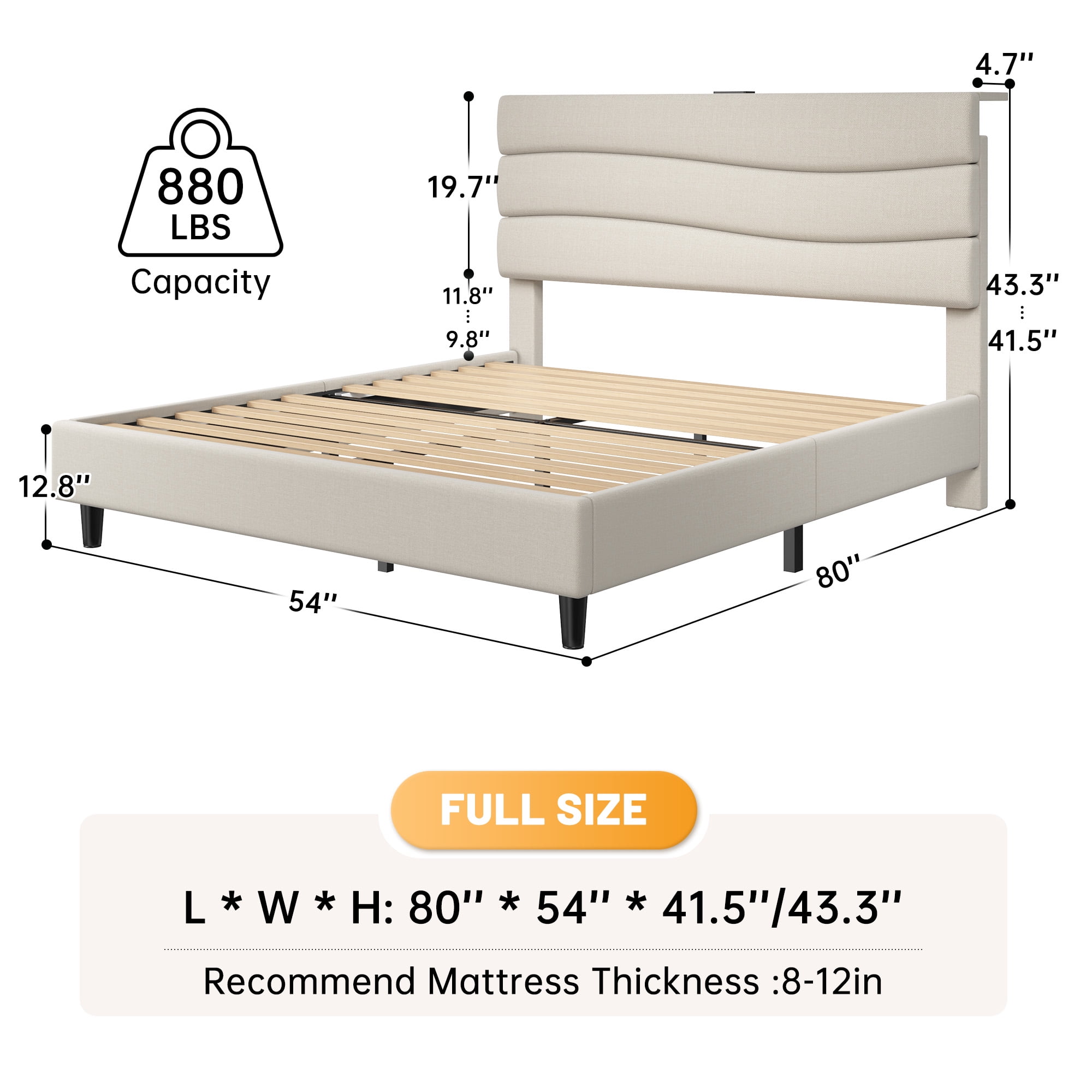 EnHomee Full Bed Frame with Adjustable Headboard Upholstered Full Size Bed Frame with Charge Station & Storage, Beige, No Box Spring Needed, Noise Free