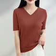 thumbnail image 2 of BRDFRL Women Summer Knit Shirt Blouse V Neck Short Sleeve Pullover Sweater Tops Coffee L, 2 of 6