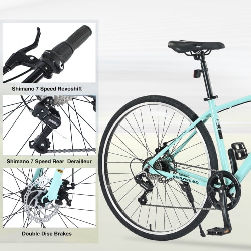 Aezusy Mountain Bike, 7 Speed Aluminum Alloy Frame 700C Hybrid Bike Road Bike for Ages 16+, Fits Riders 5'3"-5'8", Men Women's City Bicycle, Green