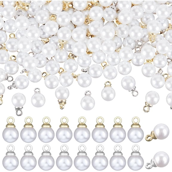 200Pcs Pearl Pendant Charms Pearl with Platinum and Golden Bead Caps Bails Hanging Ornaments for Dangle Earrings Necklace Bracelet DIY Jewelry Making Accessories
