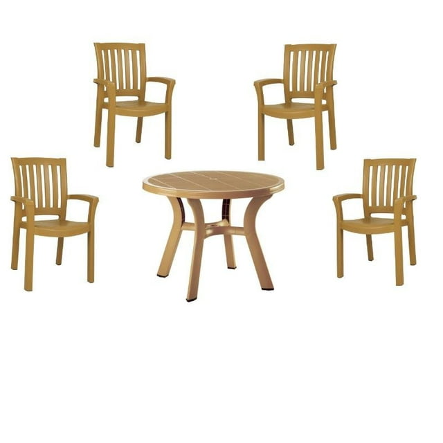 5 Piece Patio Dining Set with 42" Round Resin Table and 4 Arm Chairs in Brown