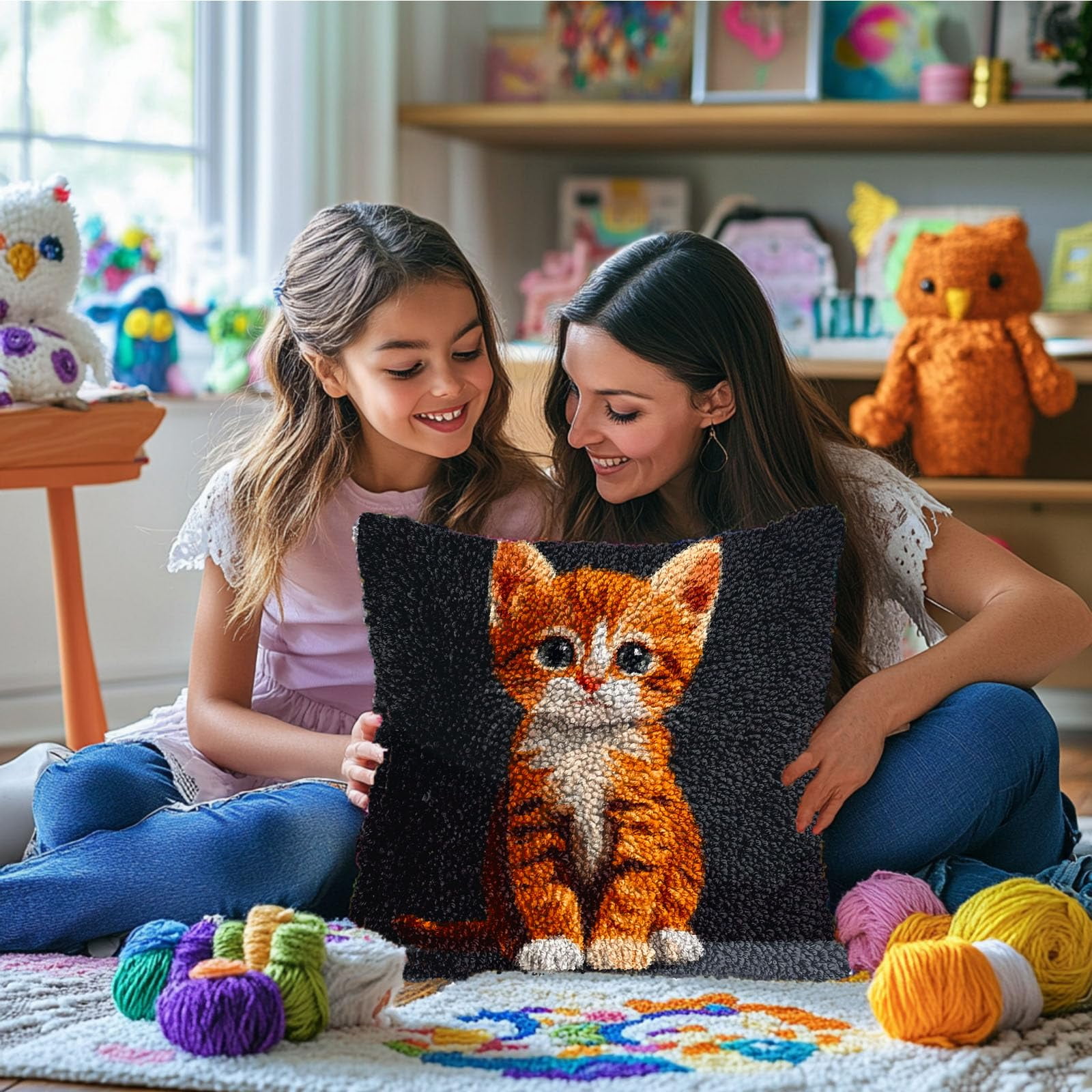 DIY Latch Hook Pillow Kits Cute Cat Body Portrait Printed Pillowcase Crochet Yarns Hooking Handmade Pillow Cover Cushion for Home Sofa Decoration 17x17inch-5