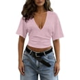 thumbnail image 6 of ZZkhGO Women's Crop Tops Ruched V Neck Short Sleeve Solid Casual Fashion Summer Slim Tops, Pink XXL, 6 of 7
