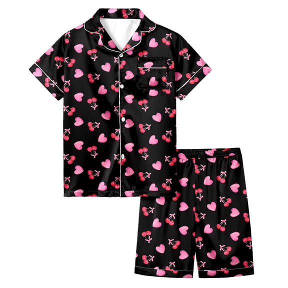 Laipiong Girls Two Piece Outfits Cartoon Cherry Print Short Sleeve Shorts Pajama Cute Heart Design Silk Like Sleepwear Comfy Loungewear Black 2-3