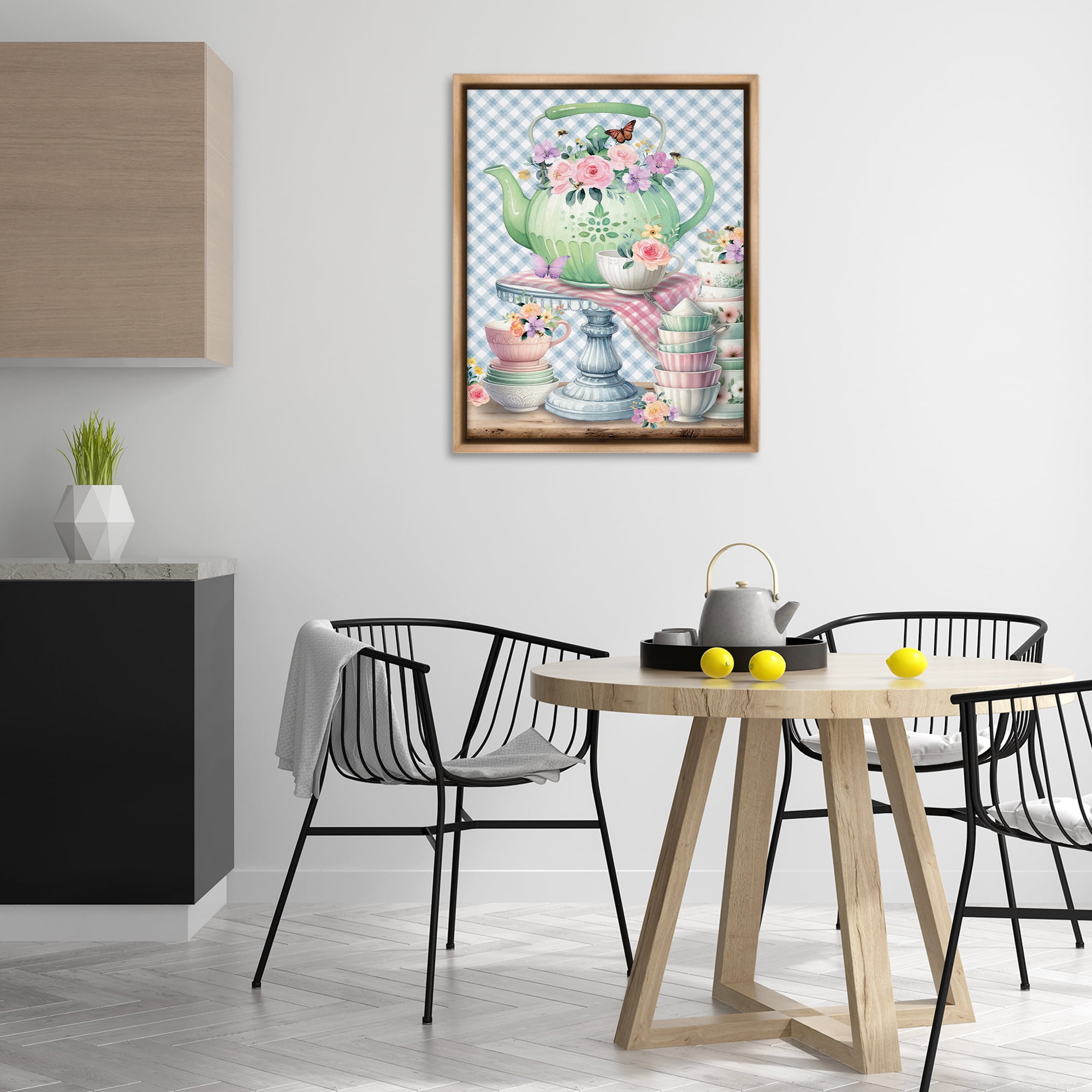 Stupell Industries Tea Kettle on Gingham Food & Beverage Painting Brown Floater Framed Canvas Art Print Wall Art, 25 x 31