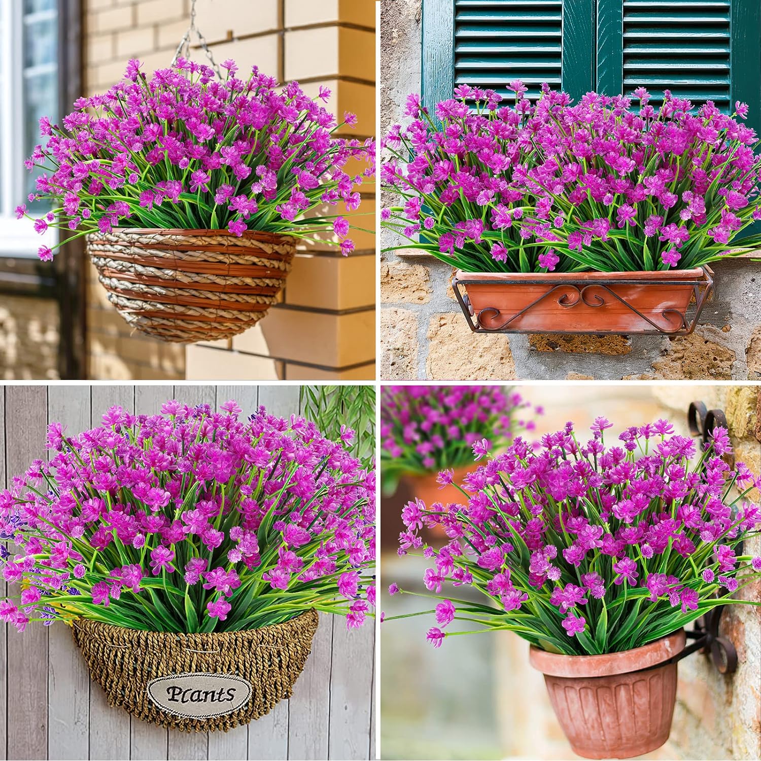 6 Bundles Artificial Flowers for Spring Decoration, Outdoor UV Resistant Fake Flowers No Fade Faux Plastic Plants for Indoor Outside Window Box Porch Hanging Basket Decor (Magenta-camellia)