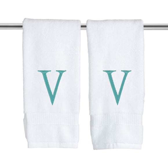 Teal Initial Hand Towel for Bathroom - Monogrammed Luxury Hotel Quality Decorative Embroidered Towel for Powder Room Spa - GOTS Organic Certified - Set of 2 Letter V