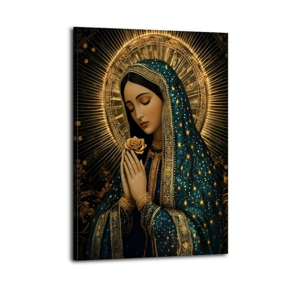 Virgin Mary Poster Art Print, Christian Wall Art Poster Wrapped Wooden Frame Wall Decor,,Canvas Wall Art for Living Room,Bedroom,Office,Ready to Hang
