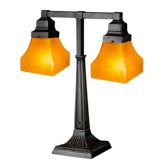 Meyda 111803 20 in. Bungalow Frosted Amber 2 Arm Desk Table Lamp, Amber Frosted