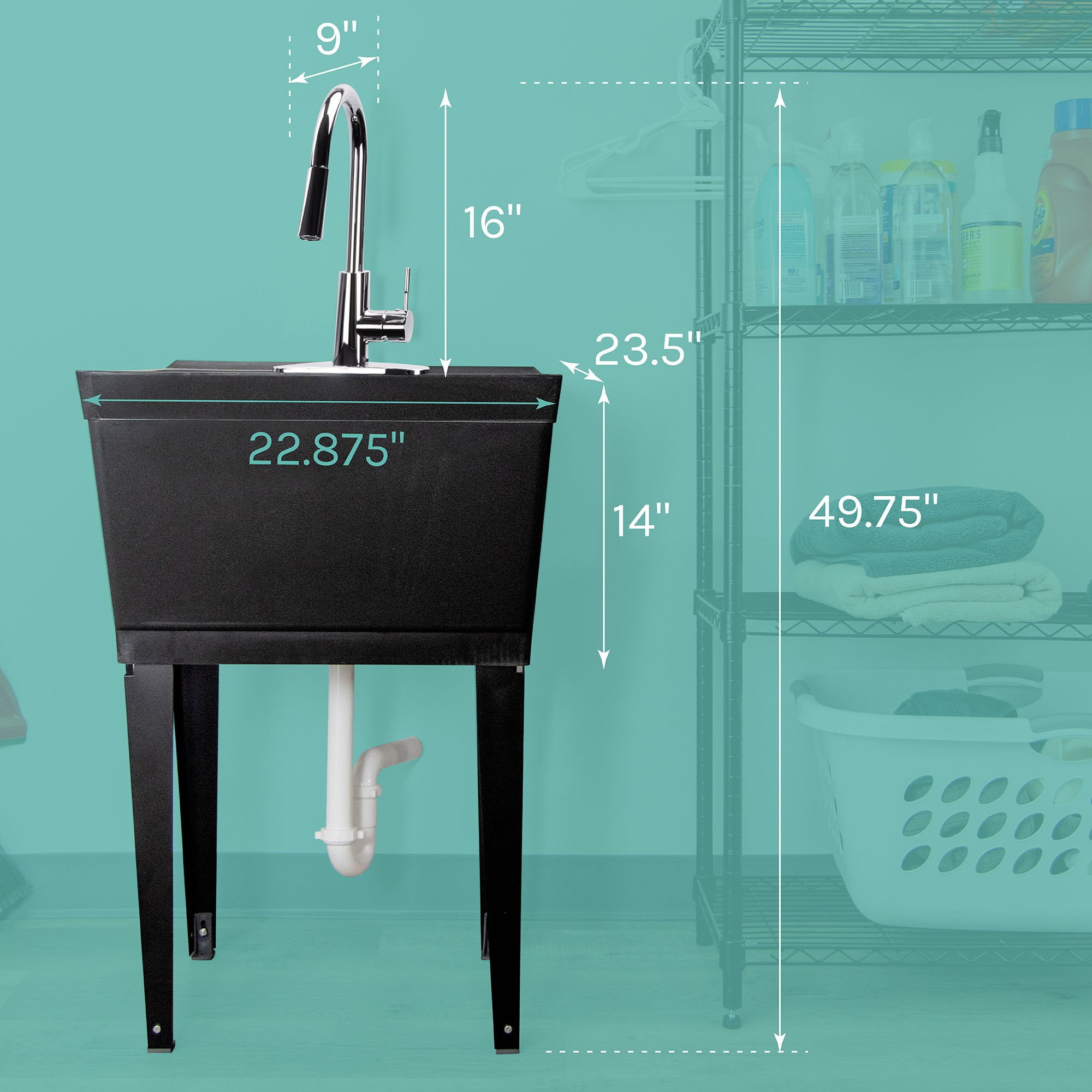 19 Gallon White Utility Sink with Black High Arc Dual Handle Faucet 6509BLK