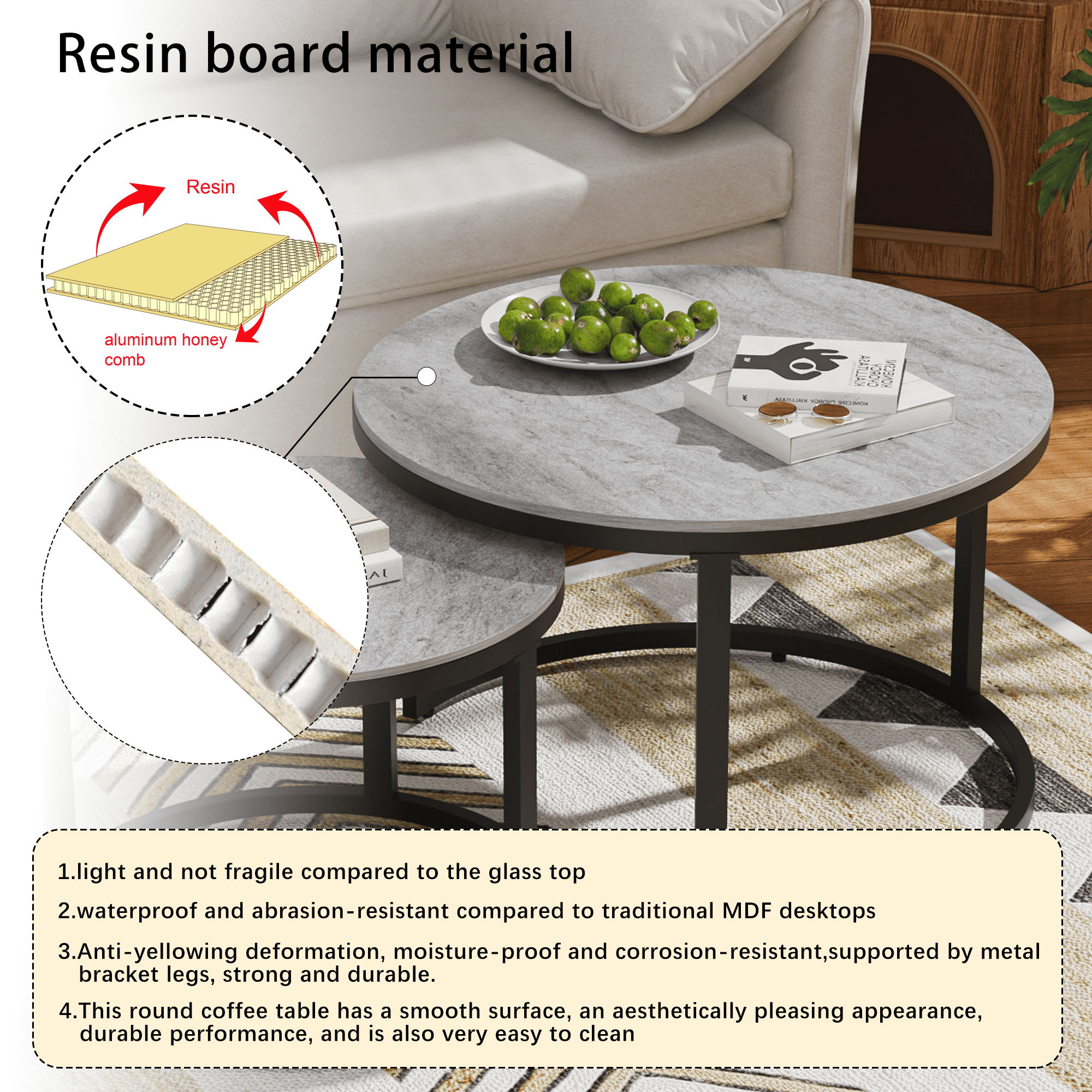 Glory Patio Nesting Coffee Table Set of 2 Pieces, Art Deco, Tempered Glass, Black