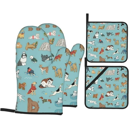 

Dogs Print Oven Mitts and Pot Holders Sets 4 Piece Set Kitchen Women Men Cooking Baking Microwave Heat Resistant