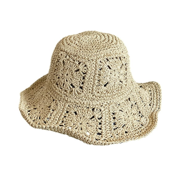 Women Summer Solid Color Crochet Straw Hat Foldable Wide Brim UV Hollow Breathable Beach Bucket Sun Hat