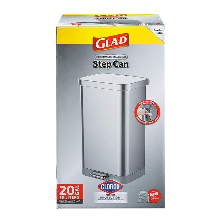 Glad Stainless Steel Step Trash Can with Clorox Odor Protection, Large  Metal Kitchen Garbage Bin with Soft Close Lid, Foot Pedal and Waste Bag  Roll Holder, 20 Gallon, Stainless