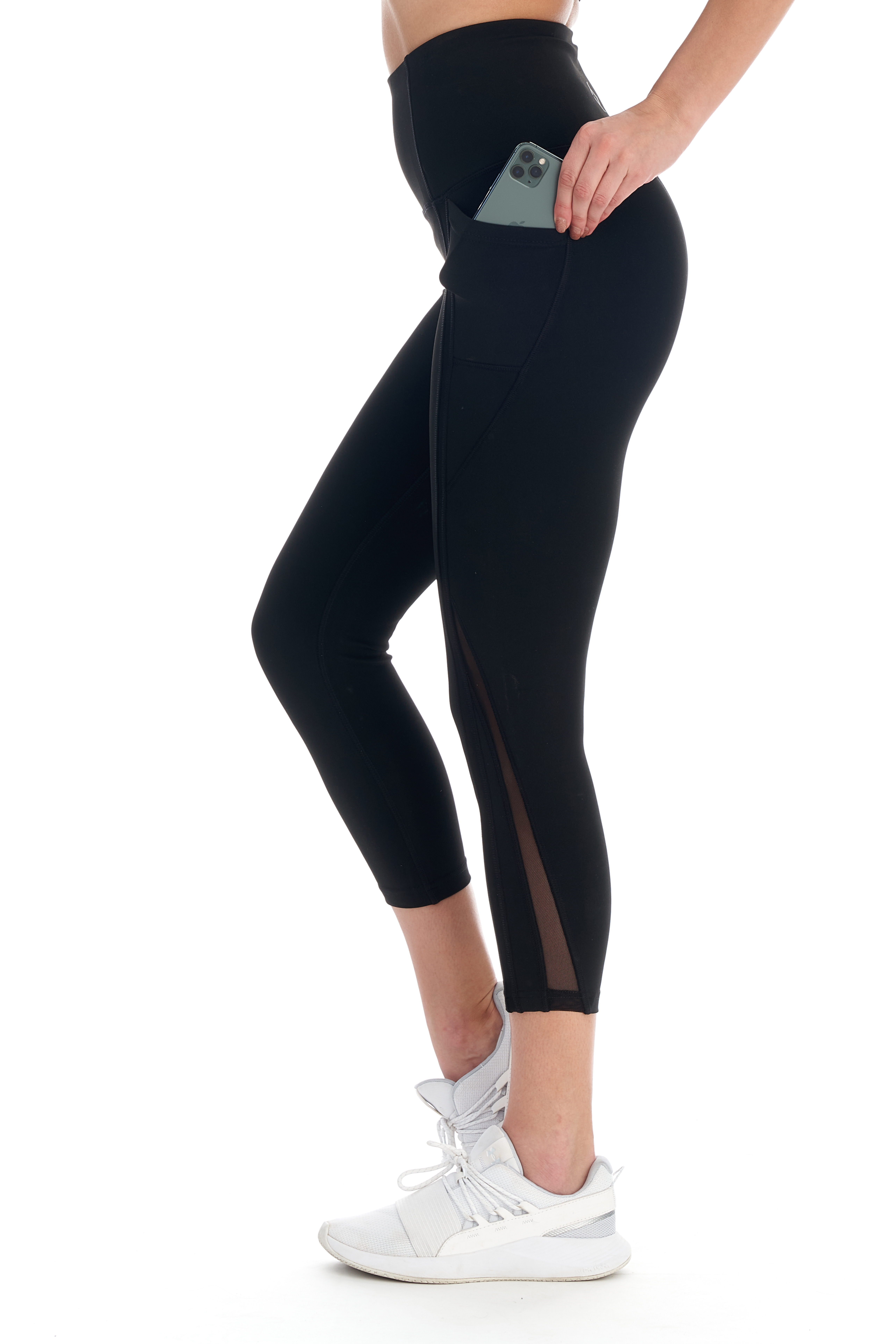 Women's Active High Waist 7/8 Length Legging With Striped Sheer Mesh & Pockets