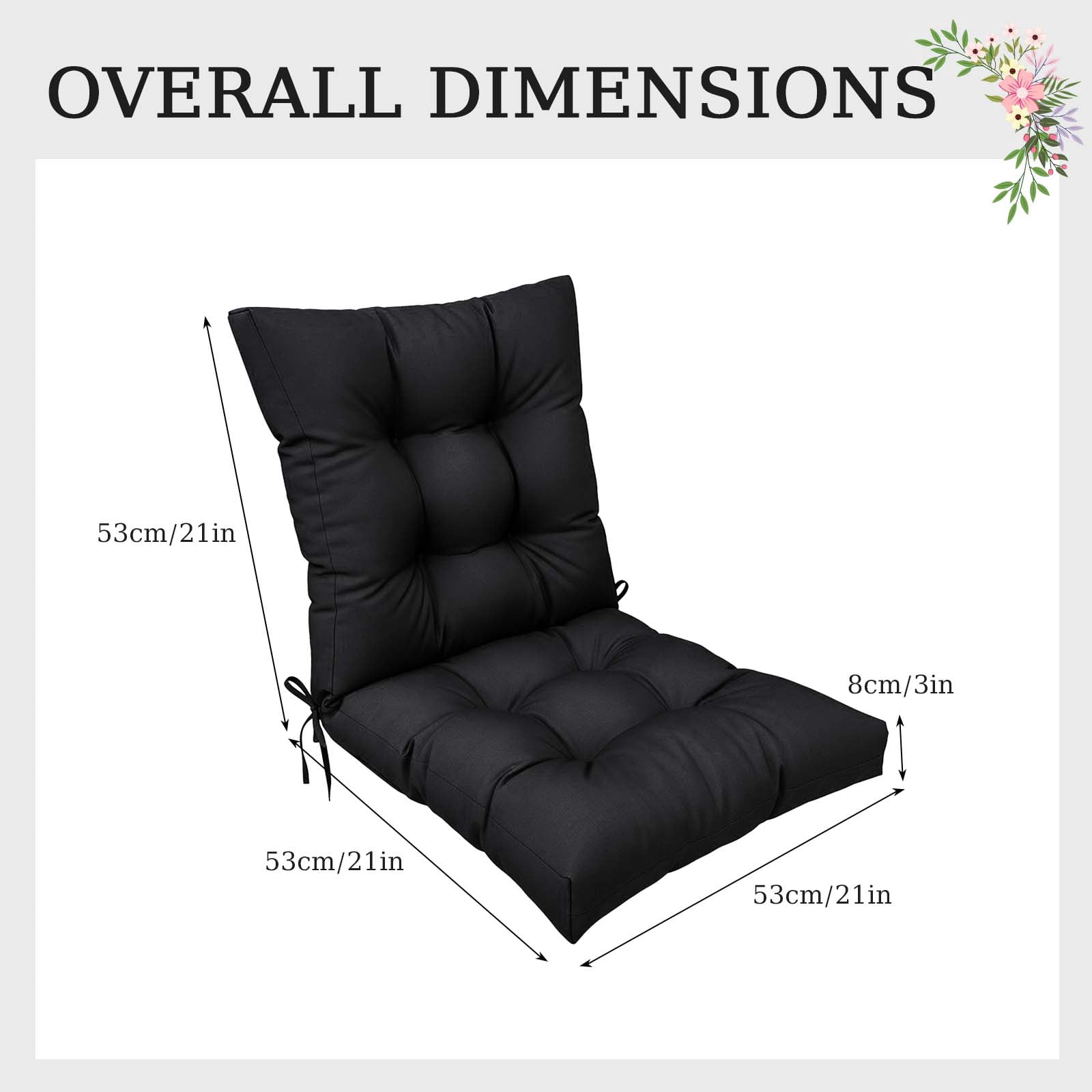 Eurhowing Waterproof Patio Rocking Chair Cushions 1-Piece, 3" Thick Outdoor Chair Cushion with Ties, Non-Slip Seat Pad for Garden Lawn Furniture, 2Pack, Black