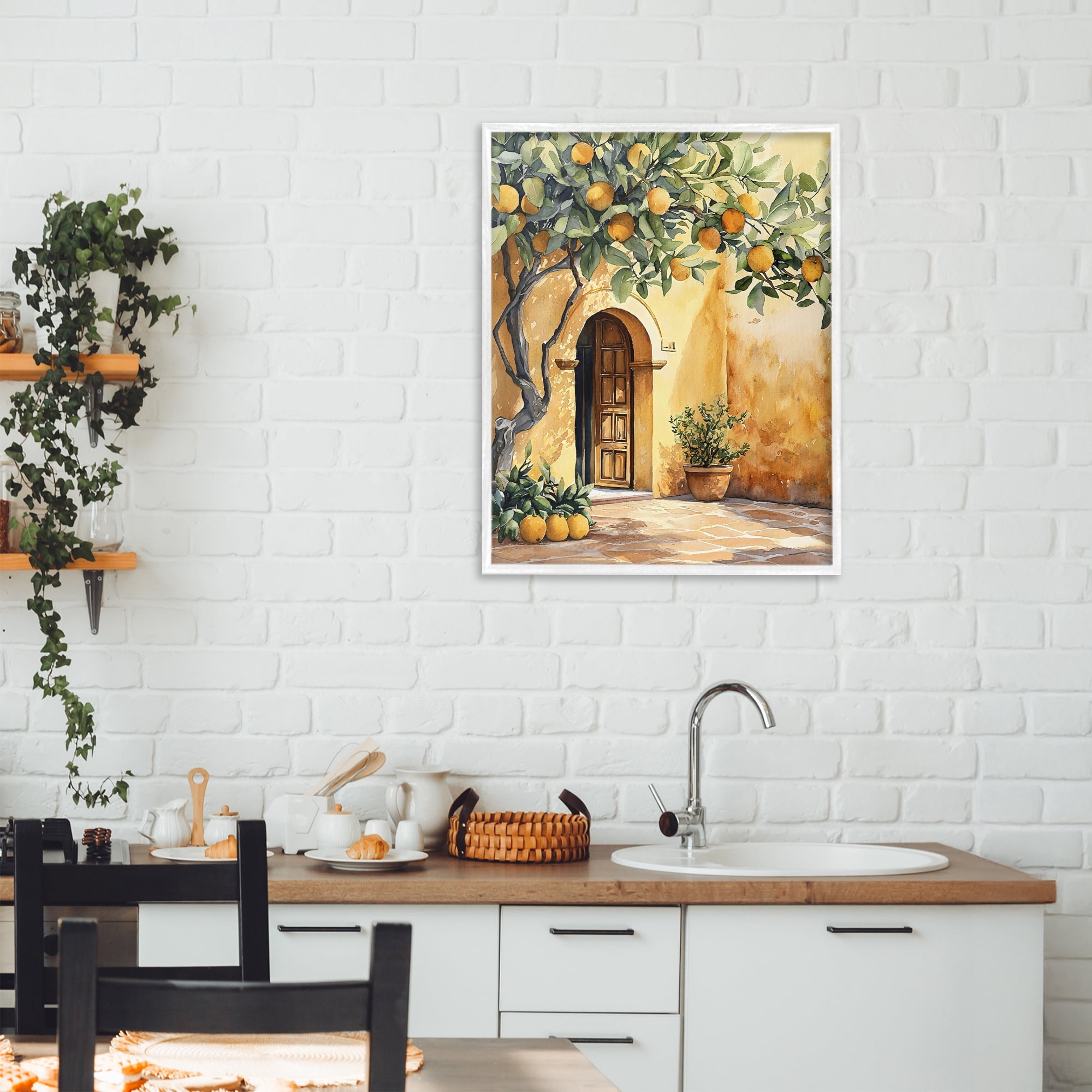 Stupell Industries Mediterranean Courtyard Lemon Tree White Framed Giclee Art, design by LSR Design Studio