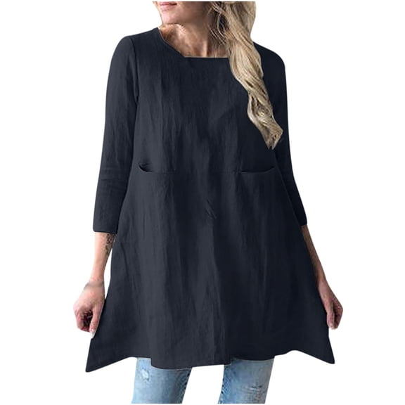 PADFRYBK Fall Dresses For Women Round-Neck Mid Dress Comfy Long Sleeve Dress Casual Loose Solid Color Dress