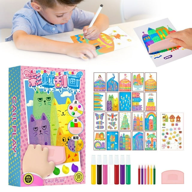 LXYFH Painting 20PCS DIY Rainbow DIY Christmas Rainbow Scratch Painting DIY Rainbow Scratch Painting Squeegee Art Kids Paint Kit Rainbow Dot Scratch Painting Arts Sticker Painting Set(30ml)