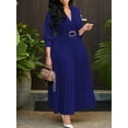 thumbnail image 2 of Womens Pleated Dress V Neck Long Sleeve A Line Church Formal Works Business Dresses with Belt Dark Blue S, 2 of 8