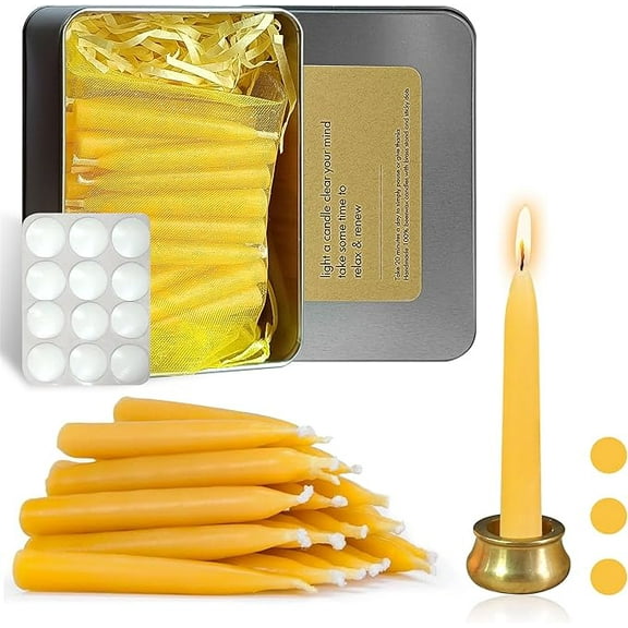 XINAOBAOLUO Mini Taper Candle Meditation Candles,20 Minute Prayer Candlestick Dripless Beeswax Candles with Brass Candle Holder for Yoga & Spiritual Rituals (Set of 30)