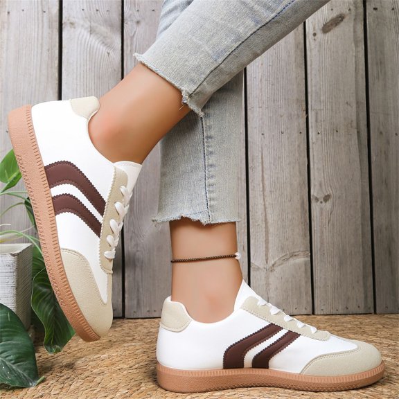 Domuza Women’s Retro Color Block Sneakers, Low Top Lace Up Flat Casual Walking Shoes Non-Slip Athletic Footwear White 7.5(EU-39)