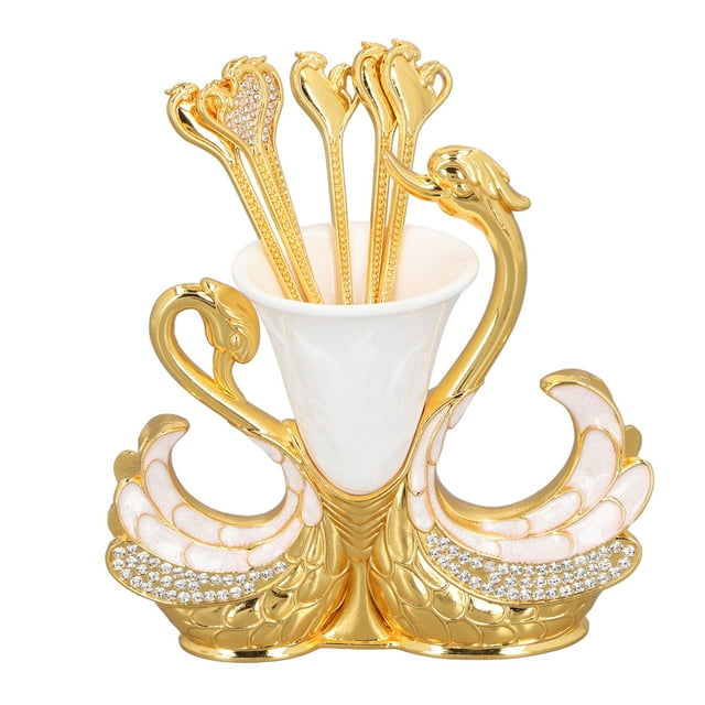 Swan Shape Spoon Holder Set with 6 Spoons, Zinc Alloy Dessert Server for Coffee Fruits Afternoon Tea Light Luxury Tableware Gift Box