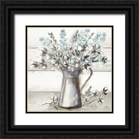 Tre Sorelle Studios 15x15 Black Ornate Wood Framed with Double Matting Museum Art Print Titled - Farmhouse Cotton Tin Pitcher
