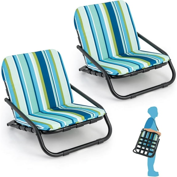 XgoodX Beach Chair, 2 Pack 300LBS Low Beach Chair with Shoulder Strap, Removable Cushion & Aluminum Frame, Folding Reclining Beach Lounge, Heavy Duty Portable for Adults (1, Blue Stripe)