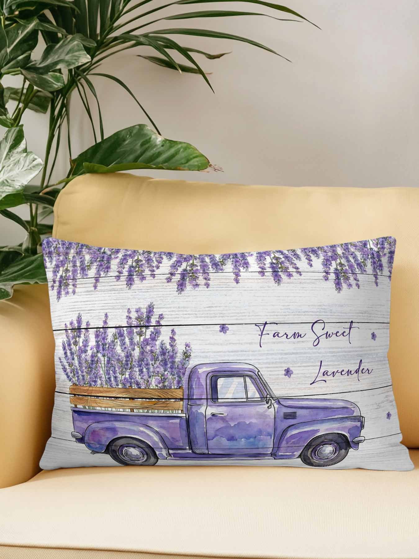 1 Pack Outdoor Throw Pillow, Purple Floral Waterproof Pillow with Insert Included, Spring Farmhouse Lavender Truck Wooden Gray Decorative Accent Cushion Lumbar Pillows for Patio Porch, 12 x 20 In