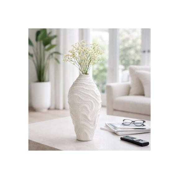 Minimalist Vase for Living Room Decor - Contemporary Resin Curved Form Flower Vase for Home Decor - Coastal Coral-Inspired Accent for Room, Bedroom, House, Office and Table Display - 14", White