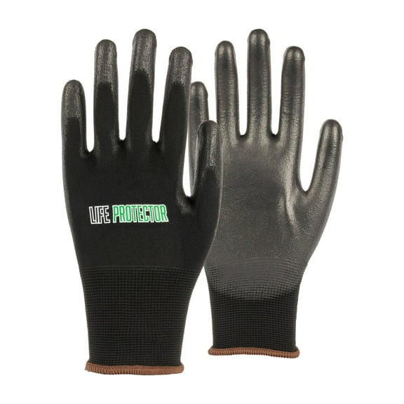 Life Protector Black Nylon Large Work Gloves - with Polyurethane Palm Coating - Pair - 10 count box