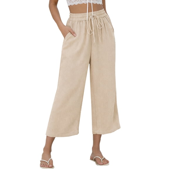 TEMOFON Pants for Women Summer Linen Pants with Pockets Casual Wide Leg Capri Pants Flowy Waisted Drawstring Pants L