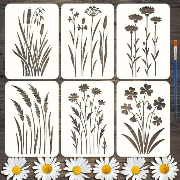 6Styles Wildflowers Pattern Stencils with a Brush 11.7x8.3Inch Weeds Painting Stencils PET Plant Themes Floral Template for Wood Wall Floor Tiles