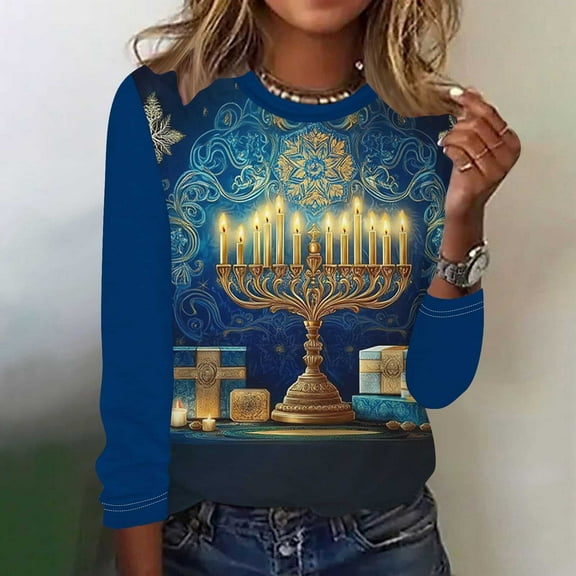 Wancir Hanukkah Sweatshirt Women Ugly Hanukkah Sweater Menorahs Graphic Crewneck Pullover Shirt