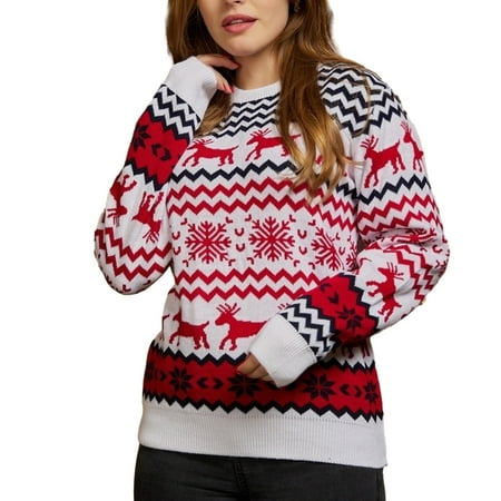 

xinRui Christmas Sweater Unisex Colorful Elk Snowflake Print Long Sleeve Round Neck Thick Elastic Soft Pullover New Year Couple Clothes