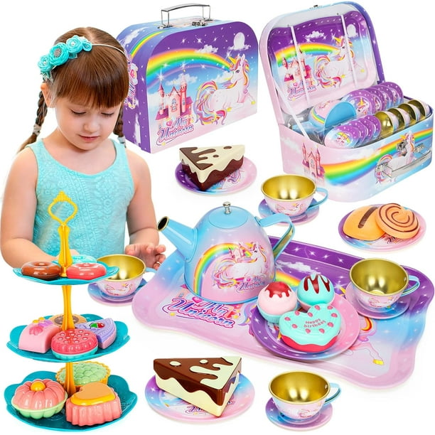 KMUYSL Juego de fiesta de té para niñas pequeñas, juguete de cocina para niños de 3 4 5 6 años, juguetes para niñas con juego de té de hojalata, postres y estuche de transporte, regalo de Navidad de P