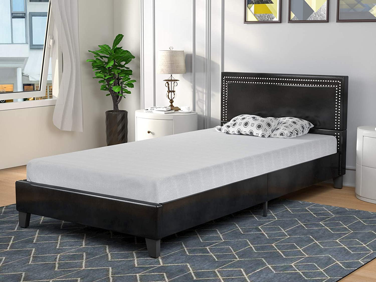 Modern Black Faux Leather Twin Bed Frame with Tufting Headboard and Footboard 