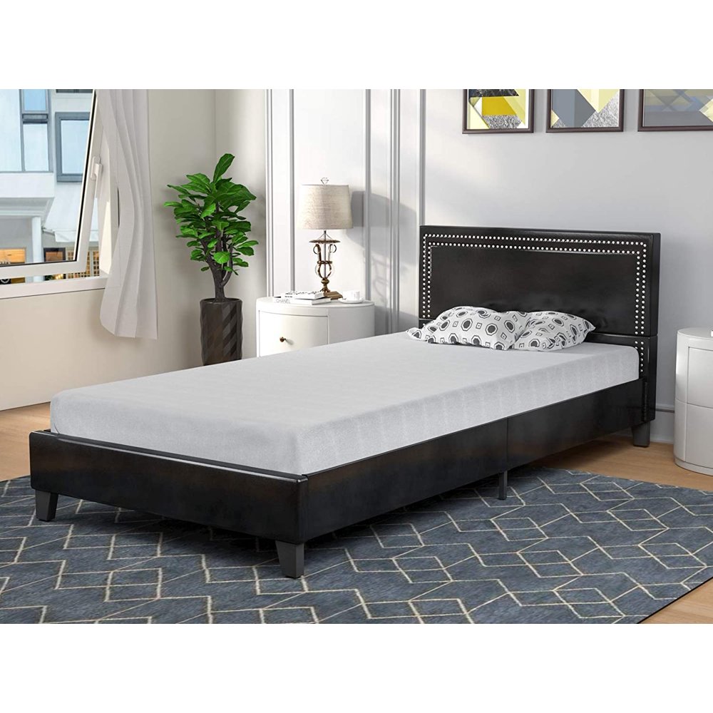 Mecor Black Twin Bed Frame with Nailhead Trim Headboard Faux Leather