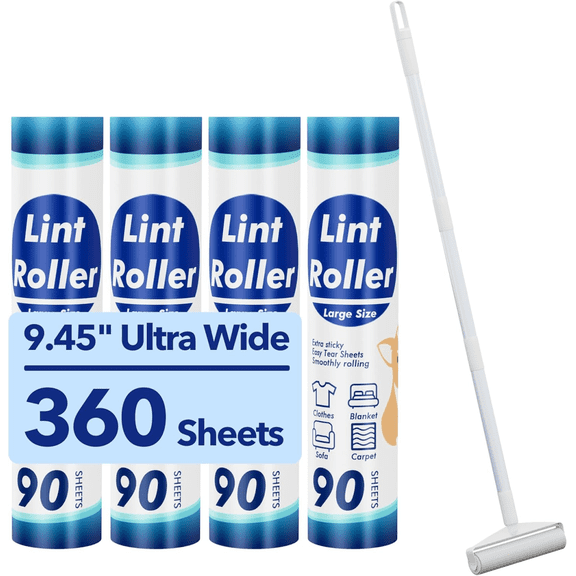Large Lint Roller, Long Handle Mega Oversized Lint Roller for Floor, 4 Count, 360 Sheets Total