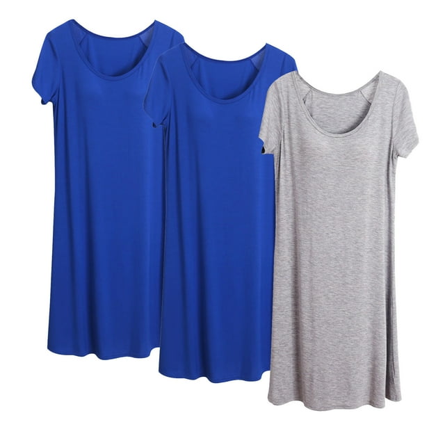 Jamicy Chemises de Pyjama Longues pour Femmes Cadeau pour Femmes Nuisette pour Femmes Lot de 3 Chemises de Nuit Manches Courtes Vêtements de Nuit Douce Robe de Nuit à Col Rond avec Soutien-Gorge Intégré