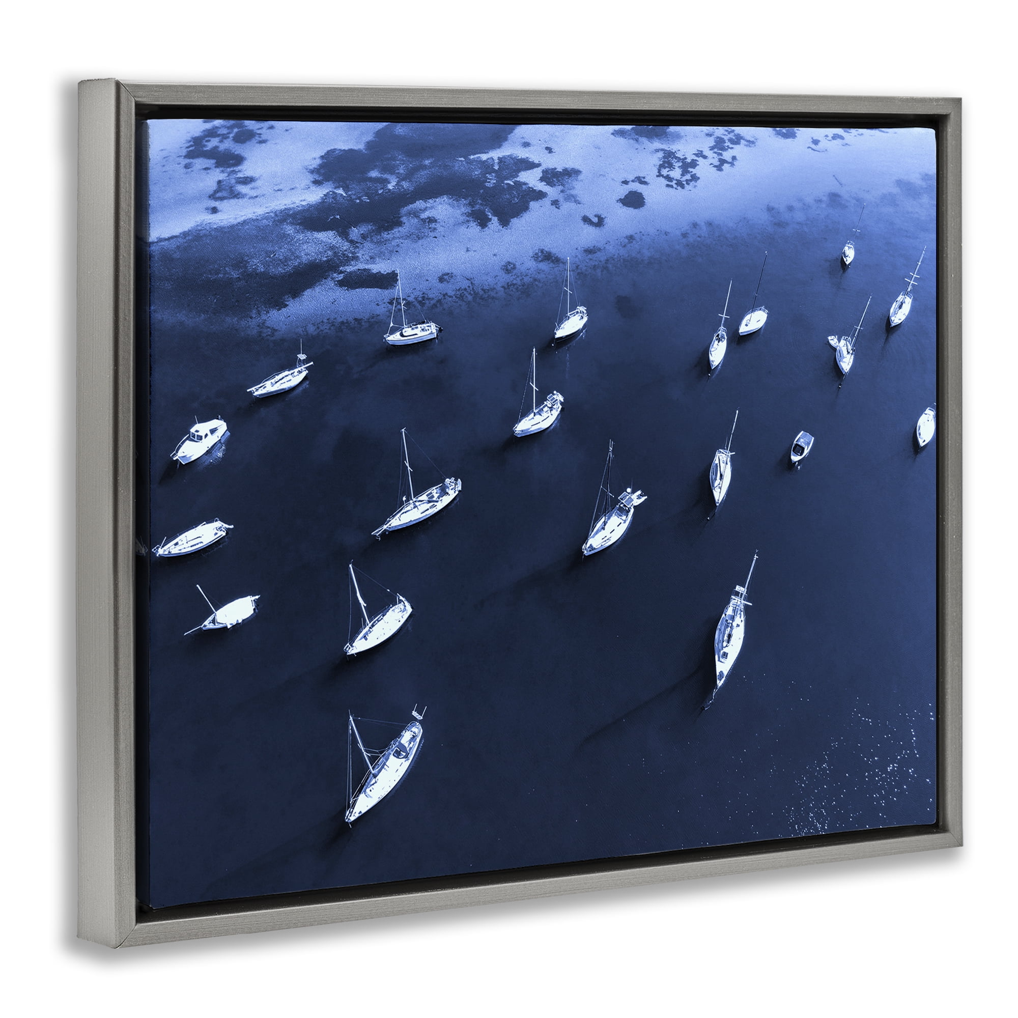 Stupell Industries Scattered Boats on Sea Transportation Photography Gray Floater Framed Canvas Art Print Wall Art, 21 x 17