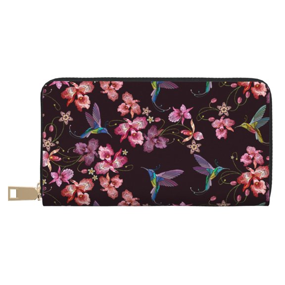 Leather Thin Slim Wallets for Women Men - Humming Bird And Tropical Clutch Card Wallet for Women Men with Zipper